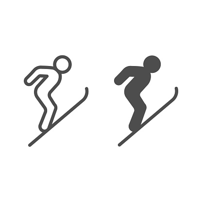 Flying skier line and solid icon, Winter season concept, Ski Jumper sign on white background, Ski jumping silhouette icon in outline style for mobile concept and web design. Vector graphics