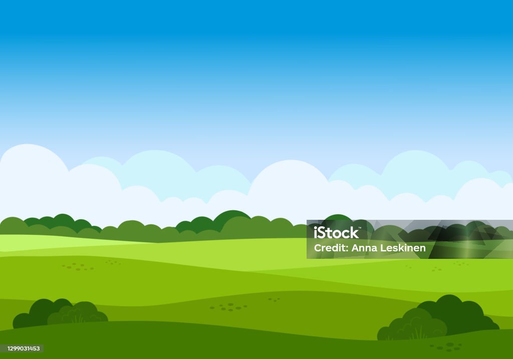 Ilustración de Paisaje De Prado De Dibujos Animados Vectoriales Con Hierba  Cielo Azul Con Nubes Blancas Paisaje De Valle Plano Campo Verde Vacío Con  Árboles En El Día Soleado De Verano Paisaje