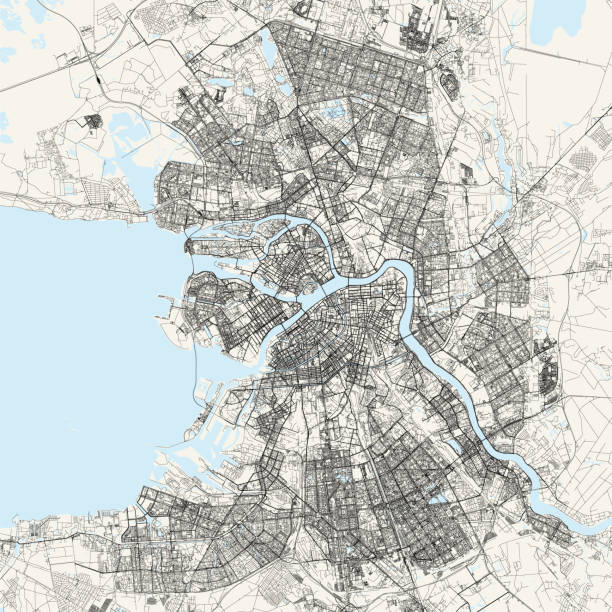 Saint Petersburg, Russia Vector Map Topographic / Road map of St. Petersburg, Russia. Original map data is open data via © OpenStreetMap contributors. All maps are layered and easy to edit. Roads are editable stroke. peter and paul cathedral st petersburg stock illustrations