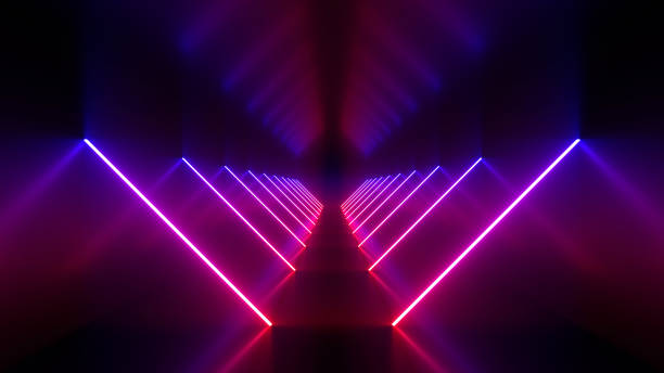 istock A dark corridor lit by colorful neon lights. Reflections on the floor and walls. 3d rendering image. 1299032420