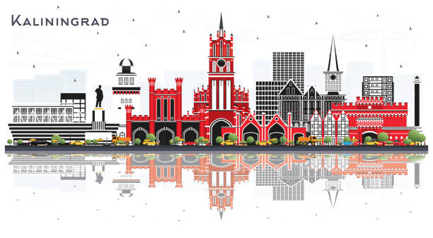 калининградский город скайлайн с цветными зданиями и отражениями, изолированными на белом фоне. - калининград stock illustrations