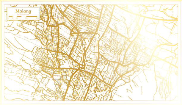 황금 색의 복고풍 스타일의 말랑 인도네시아 시티지도. 윤곽선 맵입니다. - malang stock illustrations