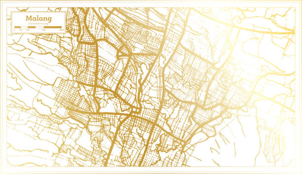 altın renk retro tarzı malang endonezya şehir haritası. anahat haritası. - malang stock illustrations