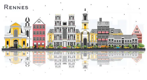 Vector illustration of Rennes France City Skyline with Color Buildings and Reflections Isolated on White.