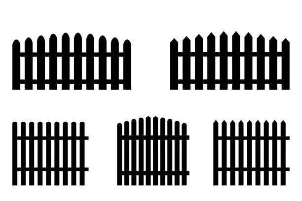 Vector illustration of Black fence in rustic style. Sections of different fences. Black parts of inclosure. Stock image. EPS 10.