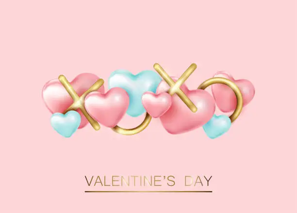 Vector illustration of Happy Valentine's Day banner. Holiday background with pink and blue hearts, gold realistic XO . Crealive Valentine day card.