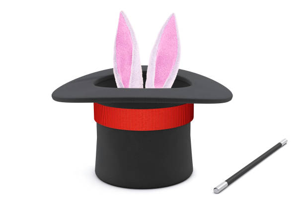 istock Magician hat. Rabbit ears stick out with a black top hat with a red ribbon and a magic wand. isolated on white background. 3d render 1299036417