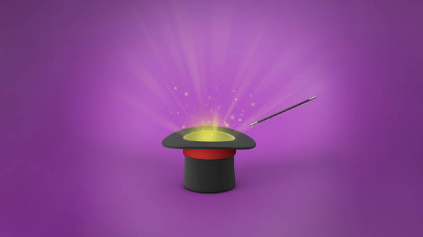 istock Magician hat. Light rays from a black top hat with a red ribbon and a magic wand. Purple background. 3d render. 1299036450