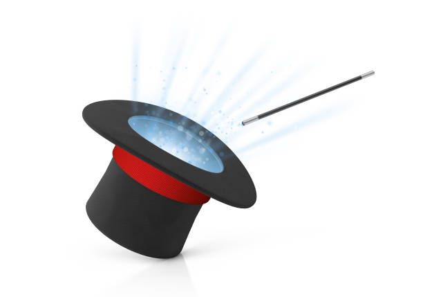 istock Magician hat. Light rays from a black top hat with a red ribbon and a magic wand. isolated on white background. 3d render. 1299036464