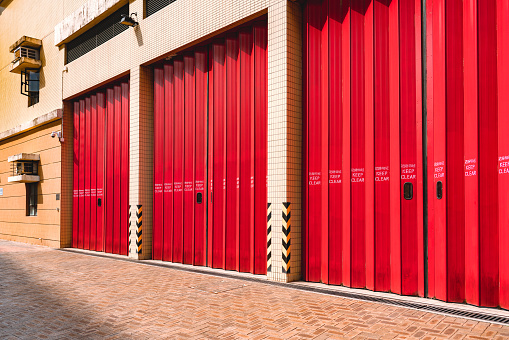 Entrance of a Hong Kong fire station with gates closed