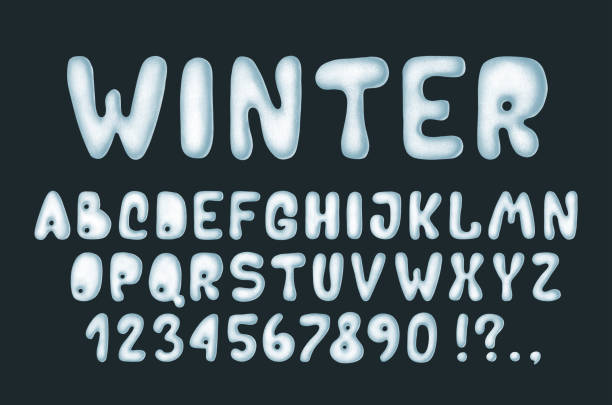 istock Snowy white blue alphabet, winter font. Cute set letters, numbers, symbols. Illustration on dark 1299039666