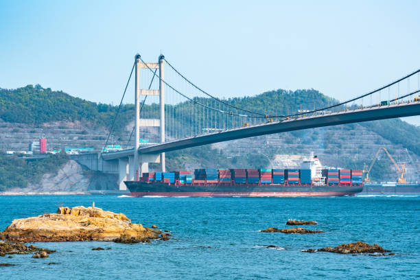 Container Cargo freight ship and Tsing ma bridge in Hong kong