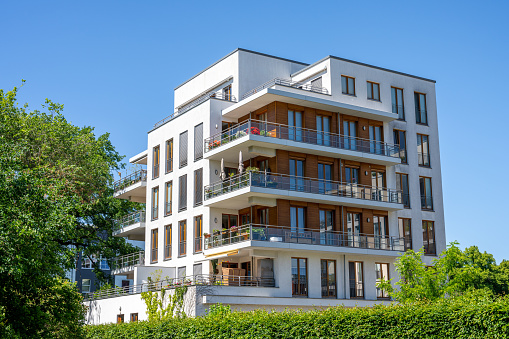 Oslo, Norway, July 4, 2023 - Five town houses (Tiny Houses) in a row are situated in Nordre gate at the area of Grünerløkka, Oslo.