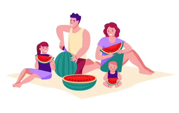 Vector illustration of Family on a summer picnic eating watermelon. The concept of family vacation, pastime. Vector illustration in flat cartoon style. Isolated on a white background.