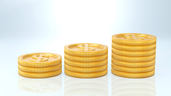 3D render stack of dollar coins on white background.