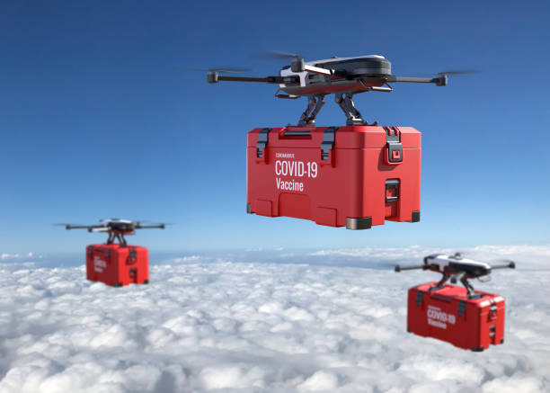 les drones livrent le vaccin covid-19 dans le ciel. transport aérien d’affaires. concept de robot d’avion sans pilote. expédition aérienne rapide. - pill container photos et images de collection