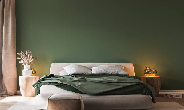 home interior background, cozy green bedroom with bright furniture natural wooden tables - headboard imagens e fotografias de stock