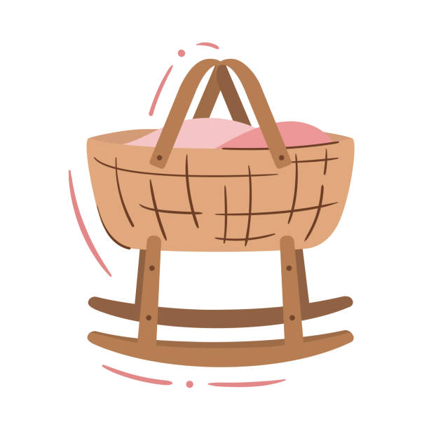 Basket bassinet on runners - isolated hand drawn single vector element Baby cradle basket, rocking bassinet on runners - isolated vector illustration. Cute doodle for baby room and nursery design, baby shower invitation or infant health center moses basket stock illustrations