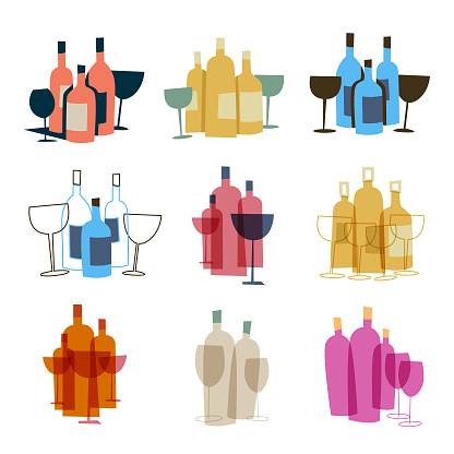 Vector illustration of a collection of wine bottles and drinking glasses. Cut out design elements on a white background.