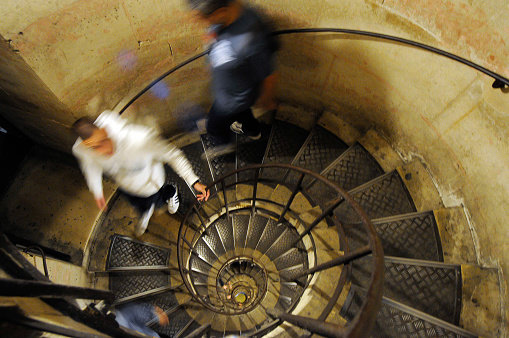 Paris, September 28, 2017, France: The spiral staircase under Montmartre is a challenge for those who want to climb up from the subway. There is a height difference of approx. 100 meters from the exit on the hill to the metro tracks.