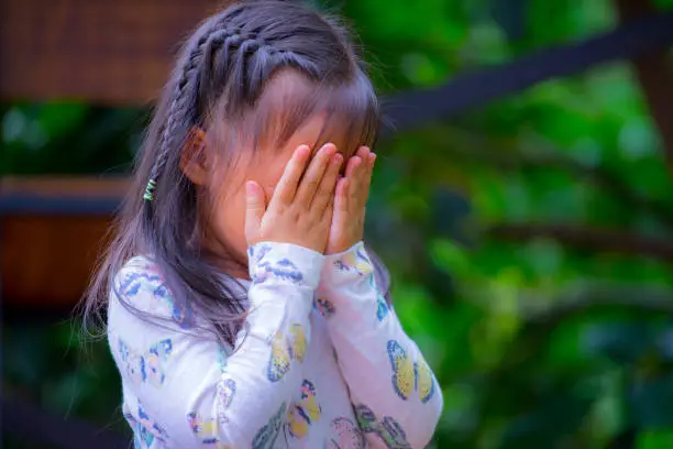 Thai Little girl praying, crying, hopelessness, despair or Prayer.