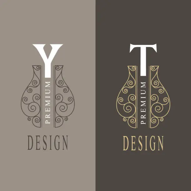 Vector illustration of Capital letter Y, T. Beautiful monogram. Elegant logo. Calligraphic design. Luxury emblem. Vintage ornament. Simple graphics style. Flourishes boutique brand. Vector illustration