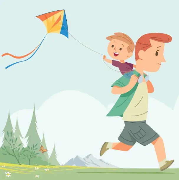 Vector illustration of Smiling father carry laughing son on shoulders & fly kite in countryside