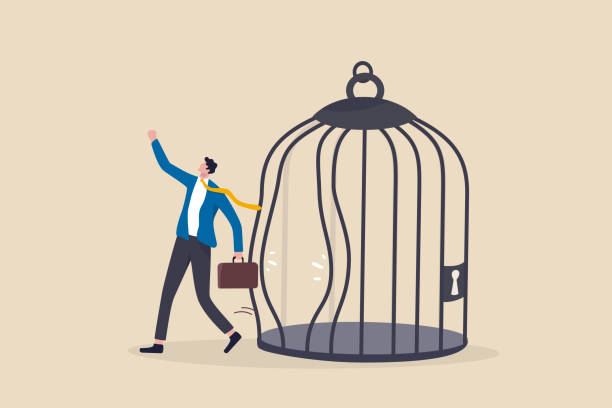 Escape from routine comfort zone, change to experience new challenge or break free for freedom concept, strong ambitious businessman bended the bar and escape from bird cage trap. Escape from routine comfort zone, change to experience new challenge or break free for freedom concept, strong ambitious businessman bended the bar and escape from bird cage trap. prison illustrations stock illustrations