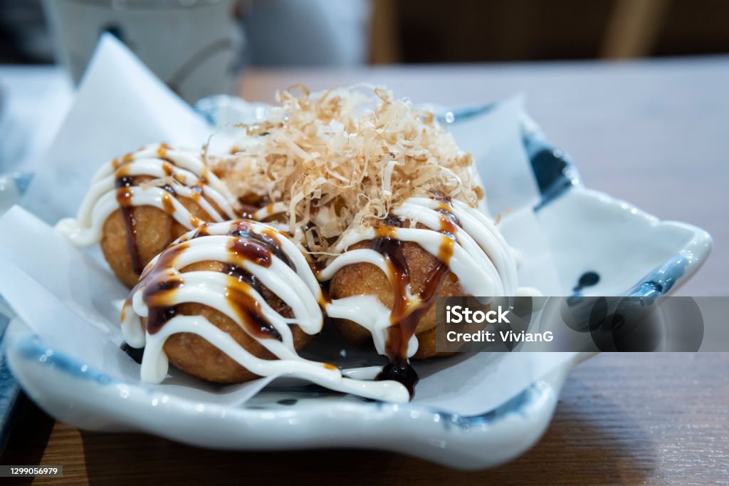 Japanese cuisines named Takoyaki in the restaurant Tasty Japanese cuisine in the restaurant in Guangdong. Takoyaki Stock Photo