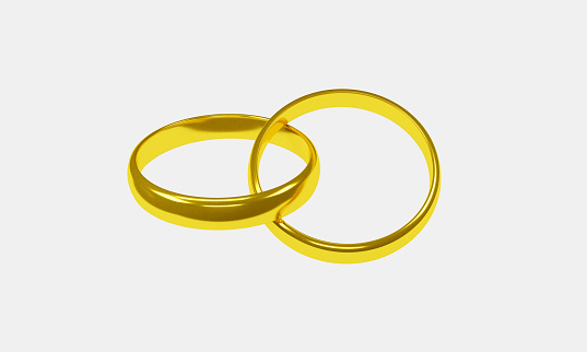 3D intertwined 2 wedding rings on white background. Horizontal composition with copy space.