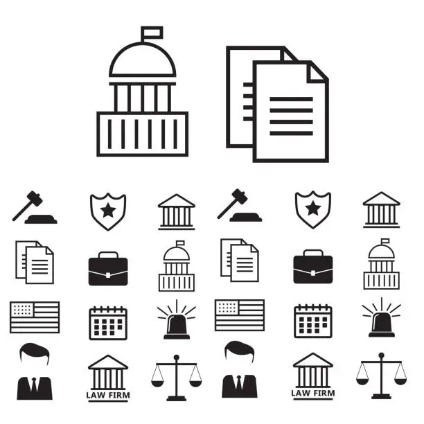 Vector illustration of Set of black and white law and justice icons. Lawyer flat vector illustration