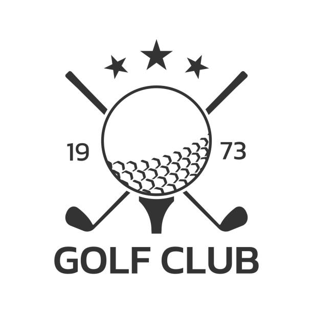 ilustraciones, imágenes clip art, dibujos animados e iconos de stock de logotipo del club de golf, insignia o icono con palos de golf cruzados y pelota en el tee. ilustración vectorial. - tee