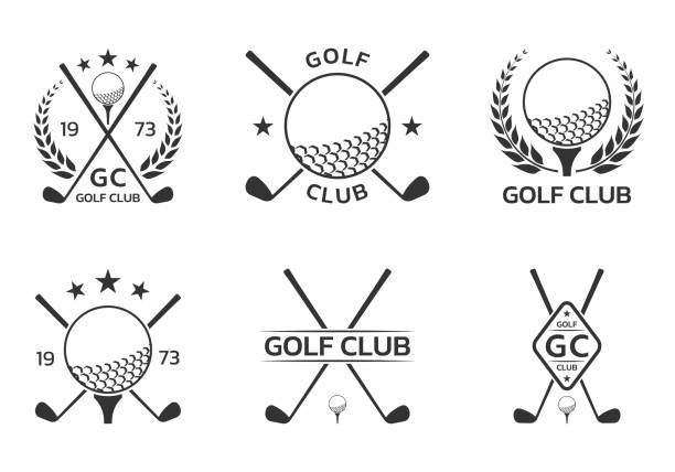 illustrazioni stock, clip art, cartoni animati e icone di tendenza di logo del golf club, badge o set di icone con mazze da golf incrociate e palla su tee. illustrazione vettoriale. - golf golf club sport golf ball