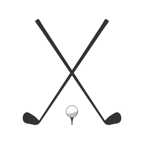 stockillustraties, clipart, cartoons en iconen met golficoon. gekruiste golfclubs of stokken met bal op tee. vectorillustratie. - golfclub