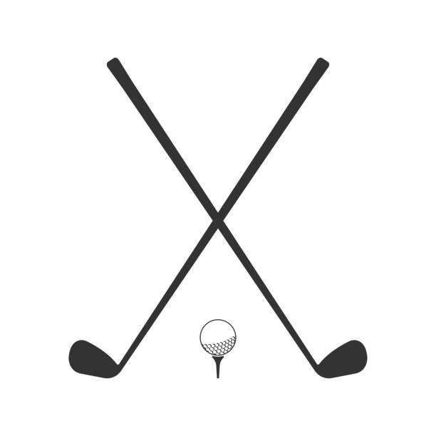 значок гольфа. скрещенные клюшки для гольфа или палки с мячом на тройнике. векторная иллюстрация. - iron stock illustrations