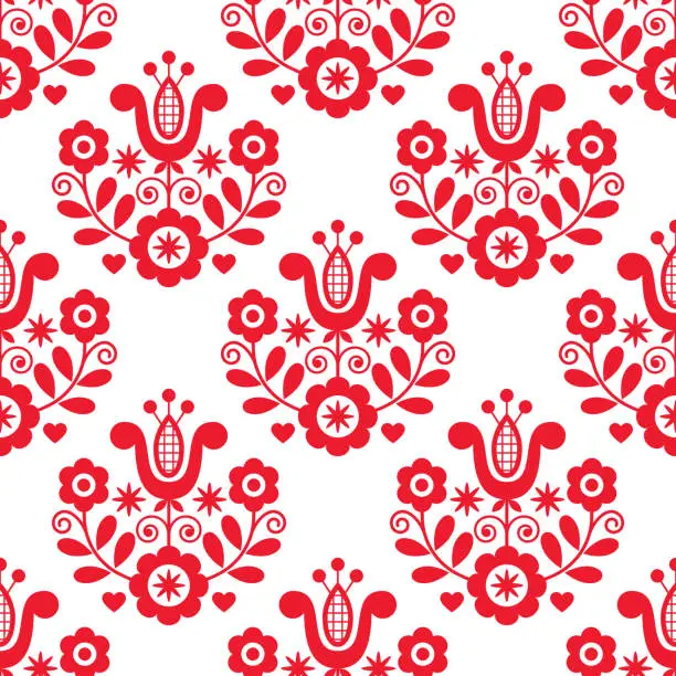 Vector illustration of Traditional retro floral vector seamless red and white design perfect for textile or fabric print. Inspired by folk art from Nowy Sacz, Poland