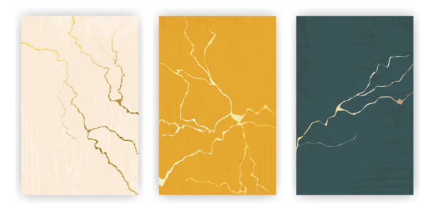 Golden cracks of kintsugi on trendy colors backgrounds. Broken glass effect, liquid marble pattern, texture templates, cover design. Vector banners set. chromis stock illustrations