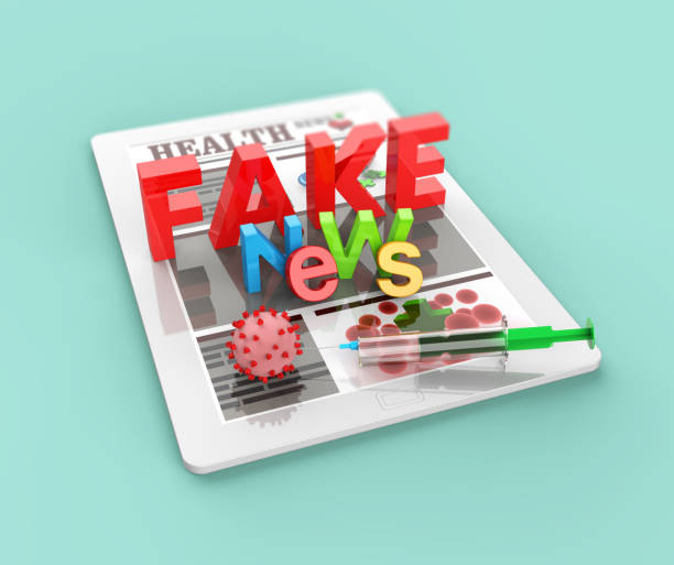 covid-19 vaccination and fake news in online internet media news on touch tablet pc 3d render - newspaper the media digital tablet digitally generated image imagens e fotografias de stock