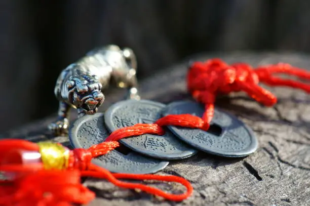 Metal tiger figurine close-up. Nearby are Chinese Fengshui coins.