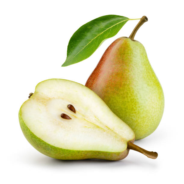 pears isolated. one and a half green pear fruit with leaf on white background. pear slice. with clipping path. full depth of field. - pera imagens e fotografias de stock