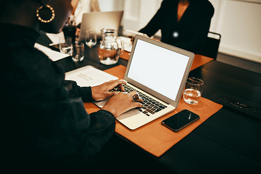 Shot of a businesswomen using a laptop during a team meeting in a modern office