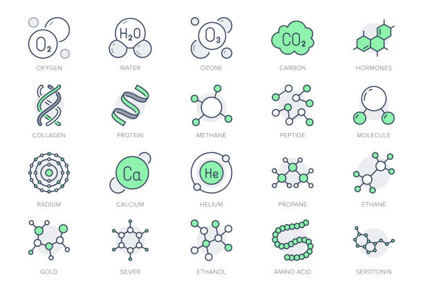 Molecule line icons. Vector illustration included icon amino acid, peptide, hormone, protein, collagen, ozone, O2 chemical formula outline pictogram for chemistry. Green Color Editable Stroke Molecule line icons. Vector illustration included icon amino acid, peptide, hormone, protein, collagen, ozone, O2 chemical formula outline pictogram for chemistry. Green Color Editable Stroke. molecule stock illustrations