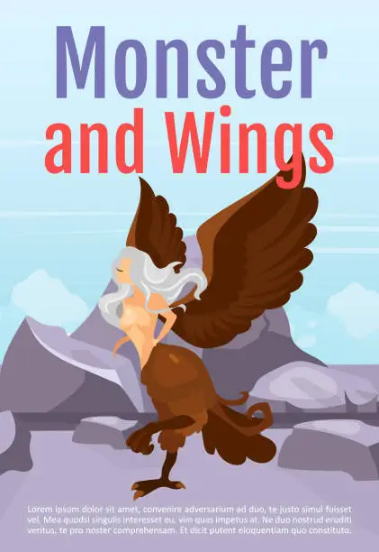 Vector illustration of Monster and wings brochure template. Harpy on mountain. Half-woman beast. Flyer, booklet, leaflet concept with flat illustration. Vector page cartoon layout for magazine. Invitation with text space