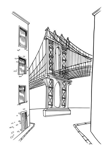 ilustraciones, imágenes clip art, dibujos animados e iconos de stock de boceto vectorial del puente de brooklyn en nueva york - brooklyn bridge