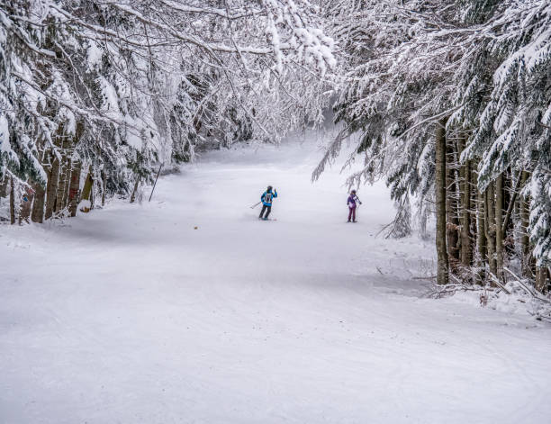 ルーマニアのプレディー�ルマウンテンリゾートのクラブセットスキー場でスキーを楽しむ人々 - sinaia ストックフォトと画像