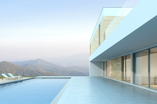 Perspective of modern house with swimming pool on mountain background, Exterior. 3d rendering.