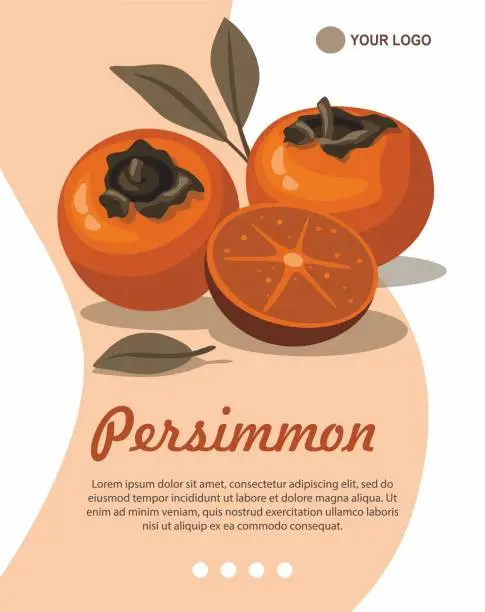 Vector illustration of Persimmon and slice with leaves greeting card template.