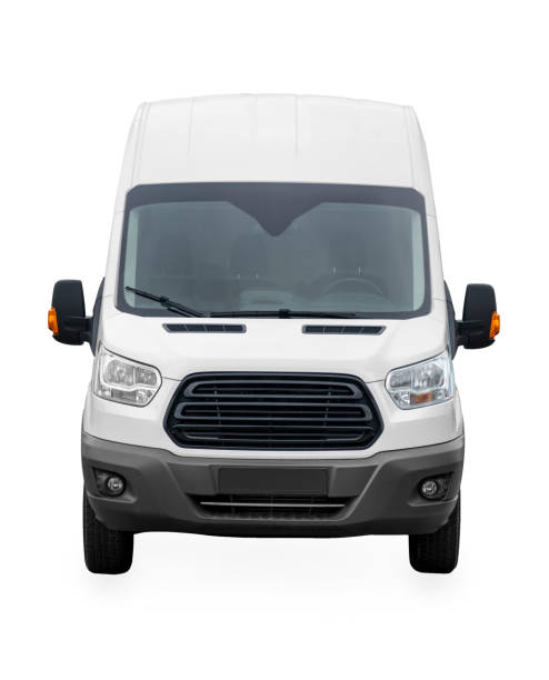 istock Front view of a white van,  isolated on white background. 1299076236