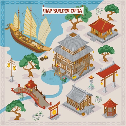 Traditional Chinese map builder illustrations of architecture building elements in isometric isolated vector illustration