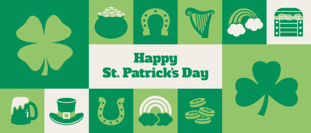 gridded st. patrick es day banner-design - v2 - clover celebration event sparse simplicity stock-grafiken, -clipart, -cartoons und -symbole